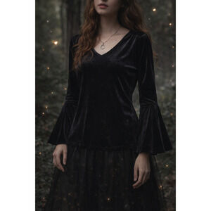 Witchy Black Velvet Bell Sleeve Top Dark Fairy Gothic Vamp Princess Whimsy MP